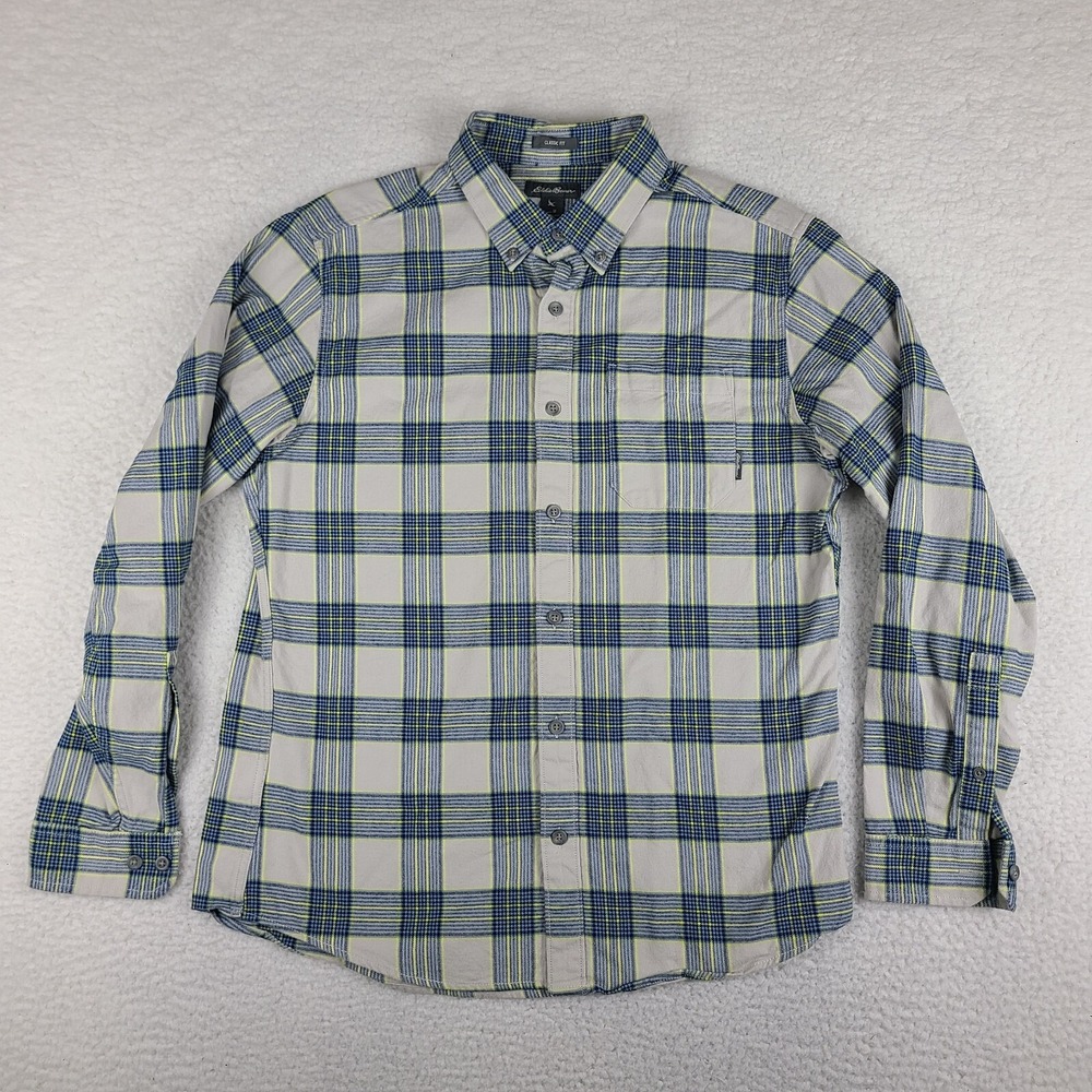 Eddie Bauer Flannel Shirt Mens Medium Blue Yellow Plaid Dress Button Down